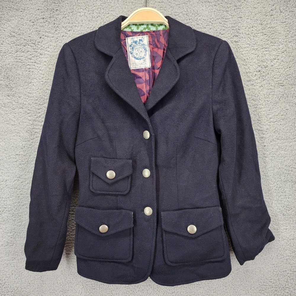 Trovata Navy Blue Wool Utility Blazer Jacket Silver Crest Buttons Story Lining